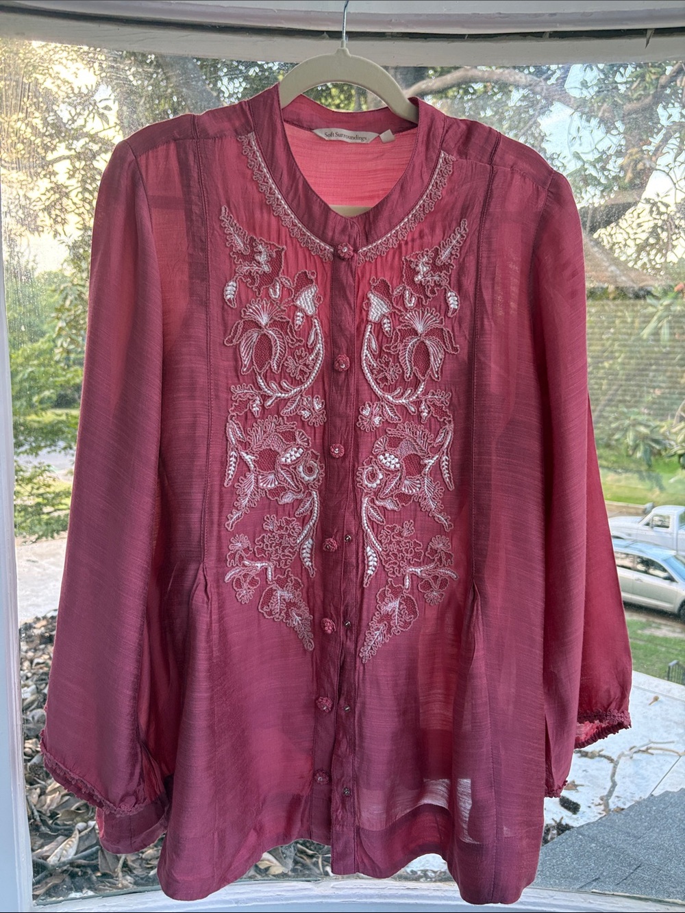 Soft Surroundings Rose Pink Embroidered Button-Front Blouse